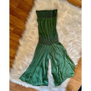 Womens Smocked Strapless Wide Leg Jumpsuit S/M